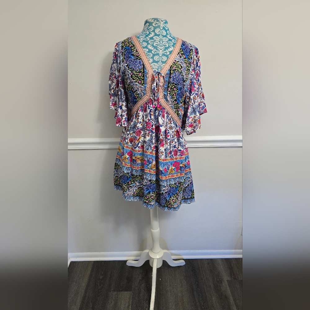 Floral Bohemian Dress with Lace Trim